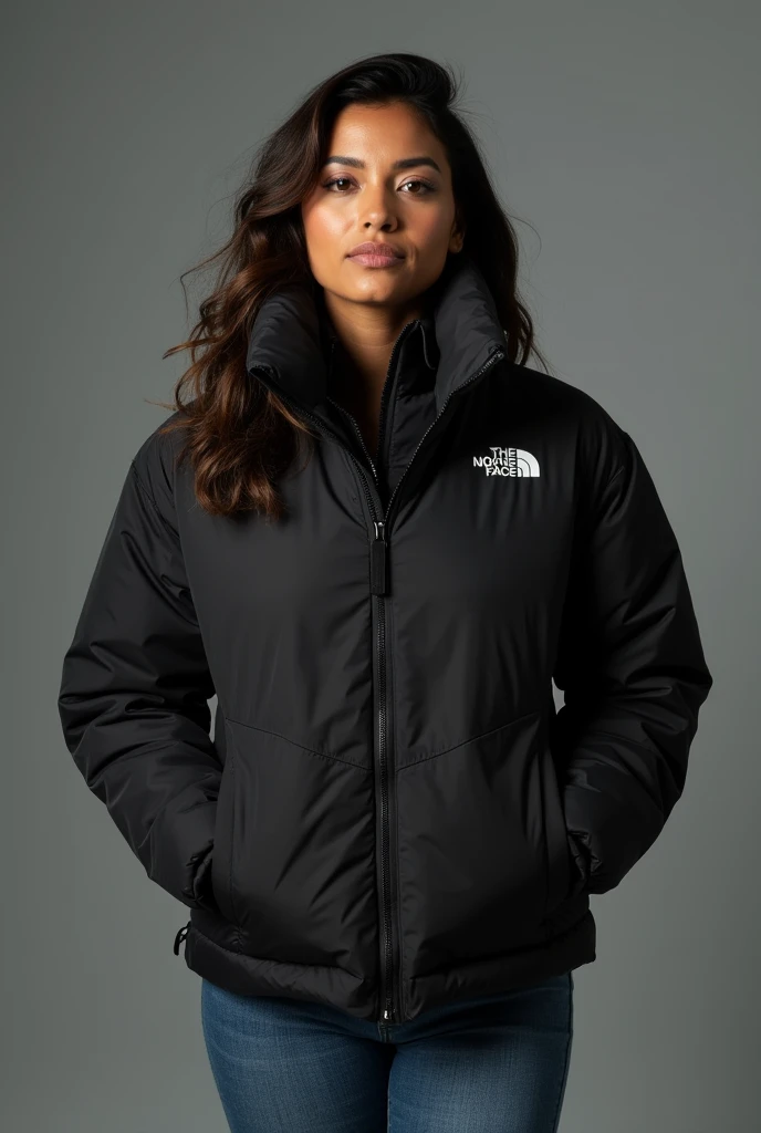 beautiful latin woman, standing straight facing forward,with a black closed North Face cold weather jacket, denim jeans pants, on a greyish background. Medium camera shot.