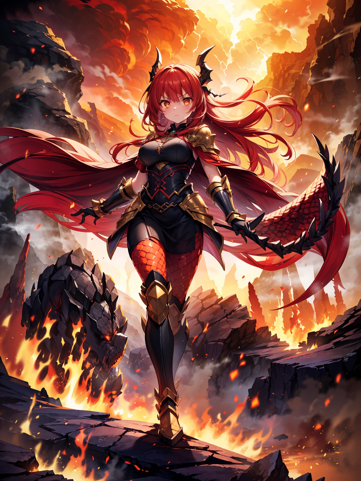(((masterpiece, best quality, 8k))), fierce female leader, (full-body), golden dragon ceremonial armor, radiant glow, long flowing crimson hair, strands caught in the wind, fiery orange eyes, a look of absolute authority, leading an army through a volcanic wasteland, lava flows around her, dragons soaring through ash-filled skies, (intense lighting, dramatic backlight)