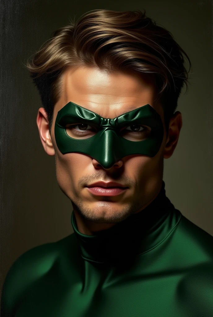 Gostaria de uma imagem do lanterna verde The style is a hyper-realistic oil portrait with a classical composition.More hire type, almost completely black shadows and an atmosphere with warmer tones, leave extremely high details such as visible pores on his skin and wrinkles I would like an art style more drawn to classical painting and add his face mask that covers the eye area and partially the nose make him YOUNG AND BEAUTIFUL