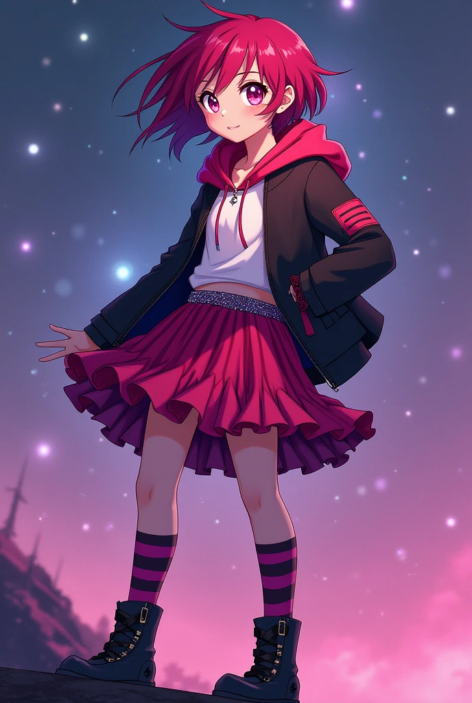 Star Darlings Scarlet. . Scarlet has short magenta hair with streaks of black in it and fuchsia eyes. She wears clothing consisting of black and pink with a sassy and noticeable style; a magenta hoodie with a white shirt underneath and a dark jacket on top, a cerise and dark magenta ruffled tutu secured with a sparkly belt and pink and black striped socks. Like all Starlings, her skin is slightly sparkly and bears a light complexion. Her Wish Pendant is a row of star-shaped buckles on each of her boots, which do more than secure them to her feet. They also alert her that she's close to her Wisher! From her classmates' point of view, Scarlet seems to be in a completely different orbit, which is just fine with her. She's confident, strong, and independent. Scarlet has an interest in music. She is passionate about it, making her the perfect drummer for the Star Darlings Band! She is also an enchanting Starling, as she's brave, intense and curious. Of course, Scarlet knows she needs to work on opening up to the other girls, but she's been a loner her whole life. She's not a warm, fuzzy, touchy-feely kind of girl. Because of this, Scarlet often alienates others by keeping to herself and being secretive. She is also stubborn, arrogant and jealous at Times. Starlings are a species of humanoid beings who inhabit the planet of Starland, being the dominant species and providing energy to power their civilization. Starlings are largely indistinguishable from humans, or Wishlings, possessing a range of skin tones from pale to darker skin, body types, as well as various eye and hair colors. Starland is a planet and irregularly shaped celestial body inhabited by Starlings. Due to its bright yellow glow, it resembles a star from a distance.