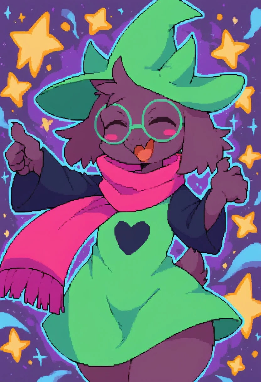 (score_9, score_8_up),furry, fur, face, Ralsei(deltarune), goat, dark fur, Green horns (they're usually pink, but the hat is covering them), black sleeves, cute, green glasses, hat, green shirt, standing, gojo pointing pose,pink scarf,closed eyes, happy, smug face, wide hips, {{Artist: %greatm8%}}, 1furry, solo, male, Stickers