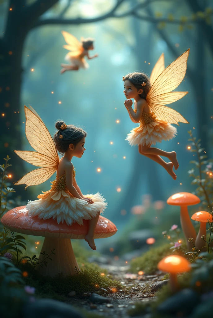 "Create a magical scene featuring three ethereal fairies in an enchanted forest at dusk.
The fairies should have delicate, translucent wings that shimmer with a soft glow.
One fairy is sitting on a mushroom, another is hovering in mid-air, and the third is perched on a flower petal.
They should wear flowing dresses made of petals and leaves, with intricate, nature-inspired patterns.
The forest is dense with ancient trees, glowing mushrooms, and sparkling fireflies.
The overall atmosphere should feel mystical and serene, with a soft, warm light filtering through the trees."