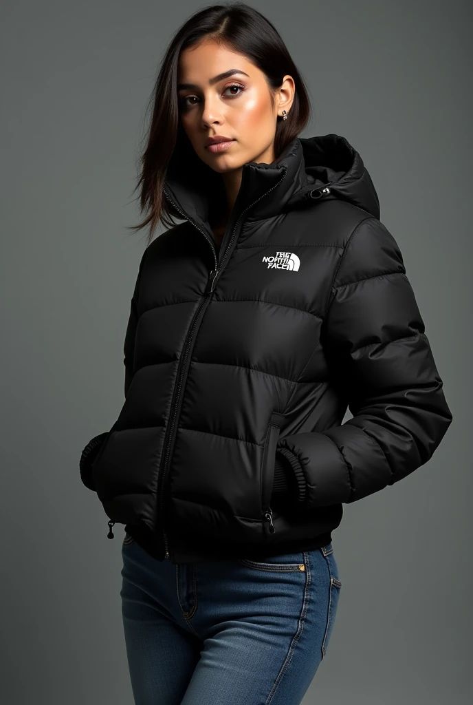 beautiful latin woman, standing straight facing forward,with a black closed North Face cold weather jacket, denim jeans pants, on a greyish background. Medium camera shot.
