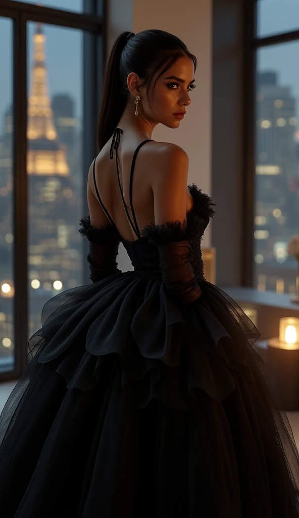 A sophisticated and elegant woman wearing a stunning, voluminous black ball gown with a plunging neckline and a halter-style top. The gown's skirt is full and flowing, made of layers of luxurious, sheer fabric that creates a dramatic and regal silhouette. The woman has sleek, dark hair styled in a high, smooth ponytail, and her makeup is flawlessly applied, emphasizing her sharp features and striking eyes. She stands in a dimly lit, modern interior with soft, warm lighting that highlights the sheen of her gown and casts subtle shadows around the room. The background features large windows with reflections of city lights, adding an air of urban sophistication to the scene. The overall mood is one of timeless elegance, grace, and poised confidence.", photo, cinematic