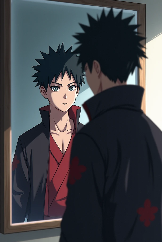 Personage Shisui of Naruto, taking a picture in a mirror with an anime head but a somewhat human body
