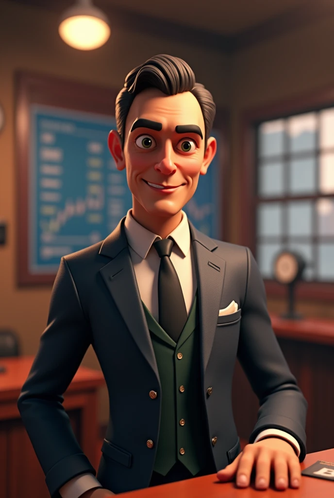 https://upload.wikimedia.org/wikipedia/commons/2/25/Edward_R._Murrow.jpg A cartoon character in fortnite style, similar to Orson Welles from the waist up, in a suit, looking badass, neutral face, 3d render style, slightly anamorphic, inside a radio booth , looking into the camera, face clearly visible, dvd screengrab UHD, cartoon, ultra detail,
intricate details, volumetric lighting, 3d model, fake, photography, digital art, 8k, future, Cinematic,
Photography, Ultra - Wide Angle, Depth of Field, hyper - detailed, insane details, intricate details, beautifully
color graded, Unreal Engine 5, Cinematic, Videogame, Fortnite Shot on 25mm lens --ar 9:16