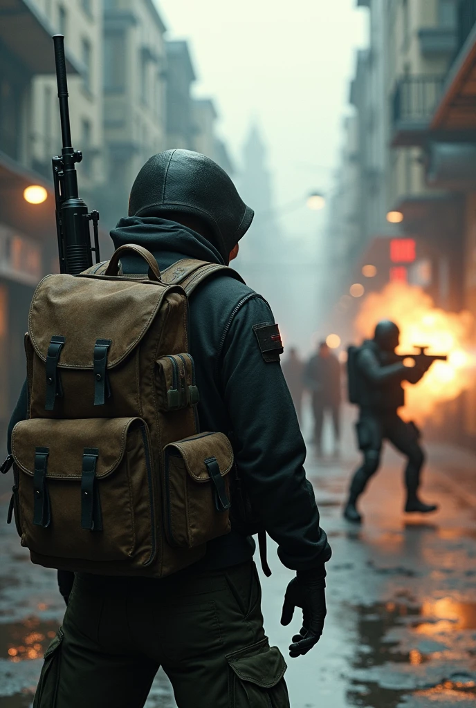 A backpack with a rifle in its hands watches a player kill another player in a game