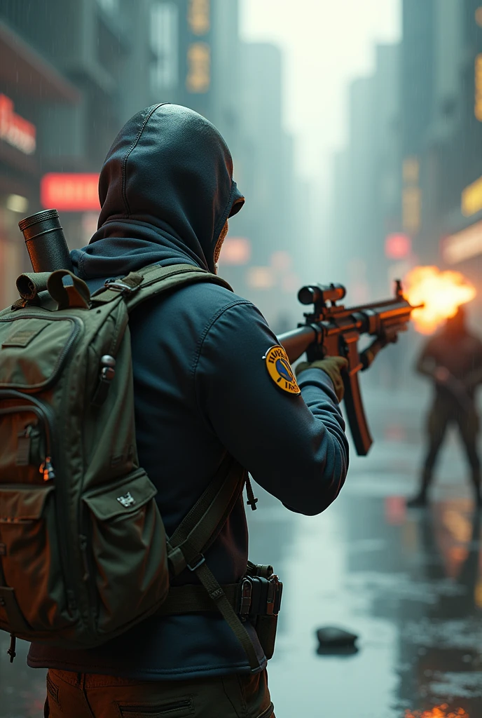 A backpack with a rifle in its hands watches a player kill another player in a game
