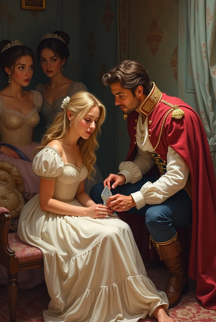 Create an image with the prince looking for his princess with the glass slipper in Cinderella's house with her sisters, REALISTIC WITH BLONDE CINDERELLA , putting the shoe on her foot , with the sisters watching