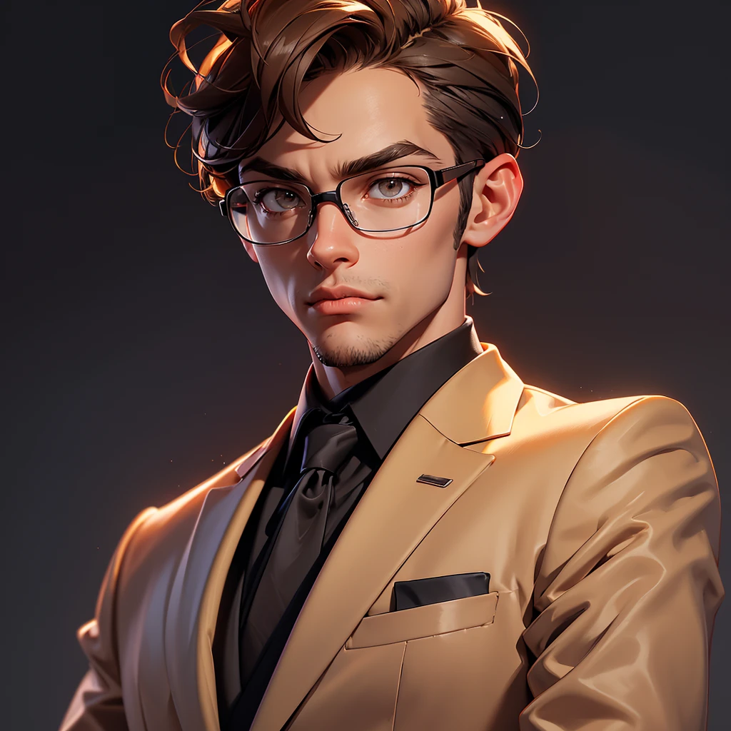 envision a 8k, highres, semi realistic cinematic full body concept art design sheet of a smart nerdy guy working on technology with a slender body, clean shaved, short sleek brown hair, and brown eyes, glasses, red sweatshirt, beige slacks, belt, dress shoes, tech attachments, against a dark gray background