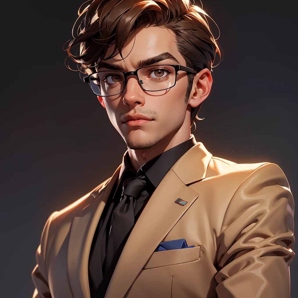 envision a 8k, highres, semi realistic cinematic full body concept art design sheet of a smart nerdy guy working on technology with a slender body, clean shaved, short sleek brown hair, and brown eyes, glasses, red sweatshirt, beige slacks, belt, dress shoes, tech attachments, against a dark gray background