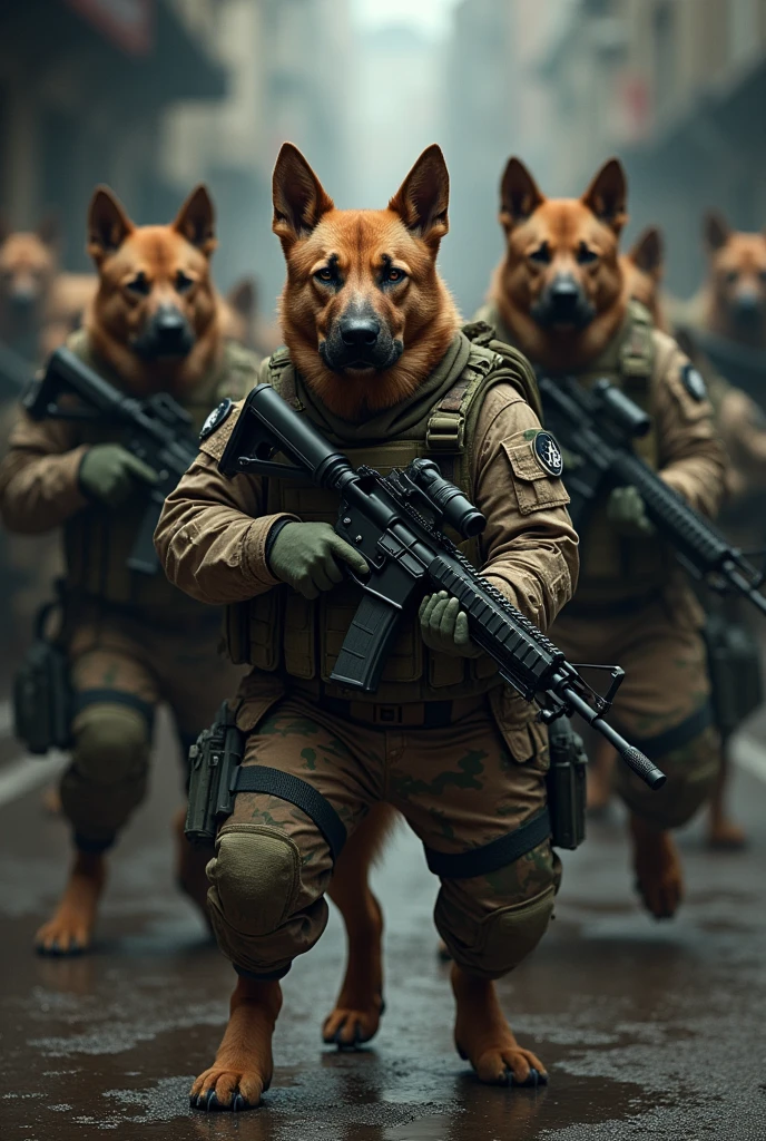 High resolution photo of dogs wearing military uniforms and holding M4 rifles