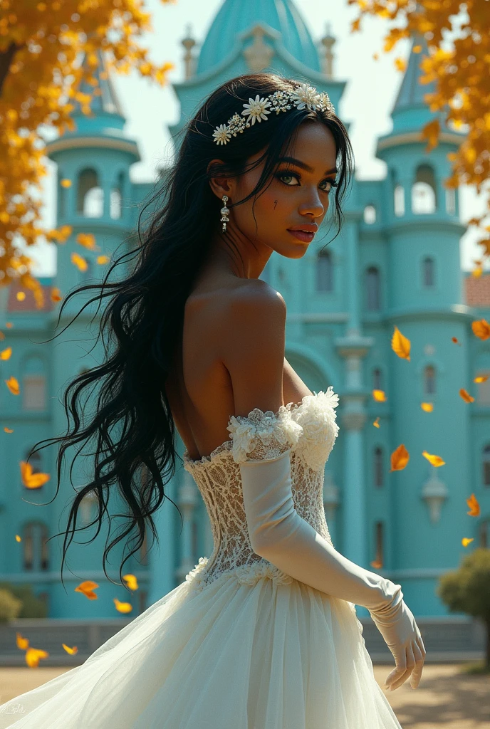 Caramel skin princess, with long black hair and light blue eyes. Her back has black veins popping out on her back, she wears a wedding dress and white silk gloves. She has a scared expression. In the background is a turquoise palace and golden leaves fall from the sky.. Realistic illustration like fairy tales by the Green brothers