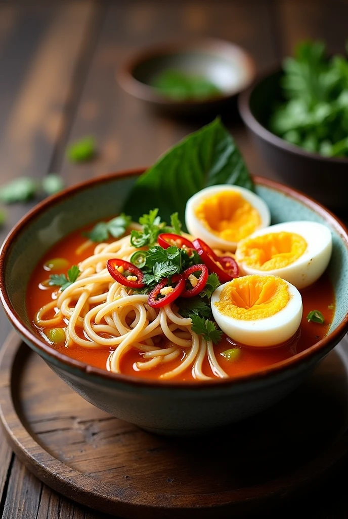 Laksa penang with two boiled egg cut in half