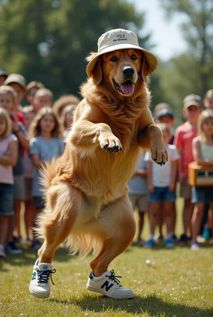 hyper-realistic photo of a Golden retriever wearing New Balance clothing and a bucket hat break dancing in front of a crowd of children in a circle with a stereo in the corner