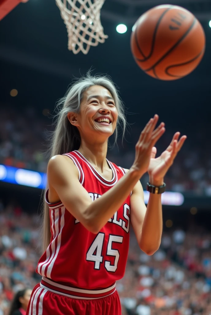 A beautiful youthful looking white Asian women as a 50 years old woman with very long hair completely gray hair in a 90s ponytail as a retired NBA player wearing her old NBA jersey shooting the ball in the basket in a nba stadium she is smiling for the camera