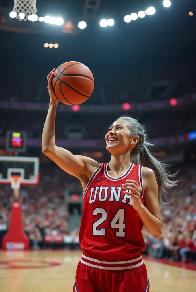 A beautiful youthful looking white Asian women as a 50 years old woman with very long hair completely gray hair in a 90s ponytail as a retired NBA player wearing her old NBA jersey shooting the ball in the basket in a nba stadium she is smiling for the camera