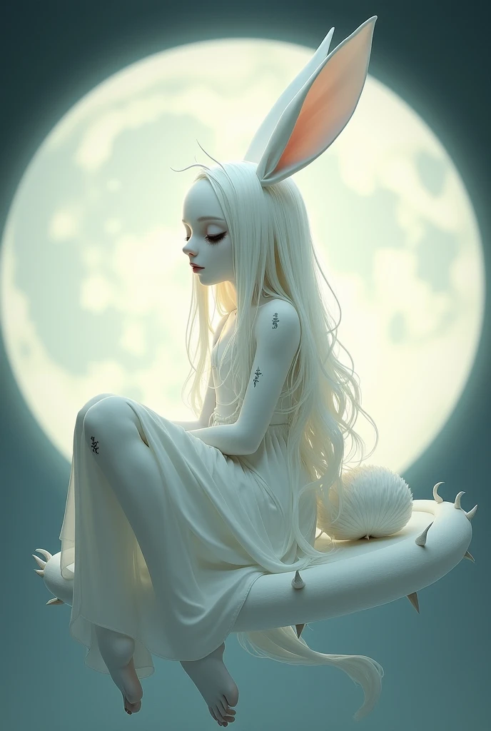 A girl with pale skin, long white hair, and discreet antennae. Bunny ears fallen back. Some faint symbols adorn his body in grayish tones. His eyes are closed, and his eyelashes are also white. She has a curled and furry tail, all white. Wearing a soft white dress, she is sitting on a full moon.