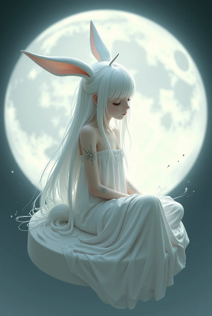 A girl with pale skin, long white hair, and discreet antennae. Bunny ears fallen back. Some faint symbols adorn his body in grayish tones. His eyes are closed, and his eyelashes are also white. She has a curled and furry tail, all white. Wearing a soft white dress, she is sitting on a full moon.