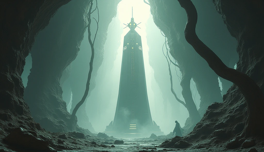 sci-fi, twisted reality, quantum, mind-bending, reality-bending around, trees coiling around each other, large open space Destiny 2 Traveler The Pale Heart, Angle, Geometric, fewer circles, a lot of straight lines with weird bends, in a cave

