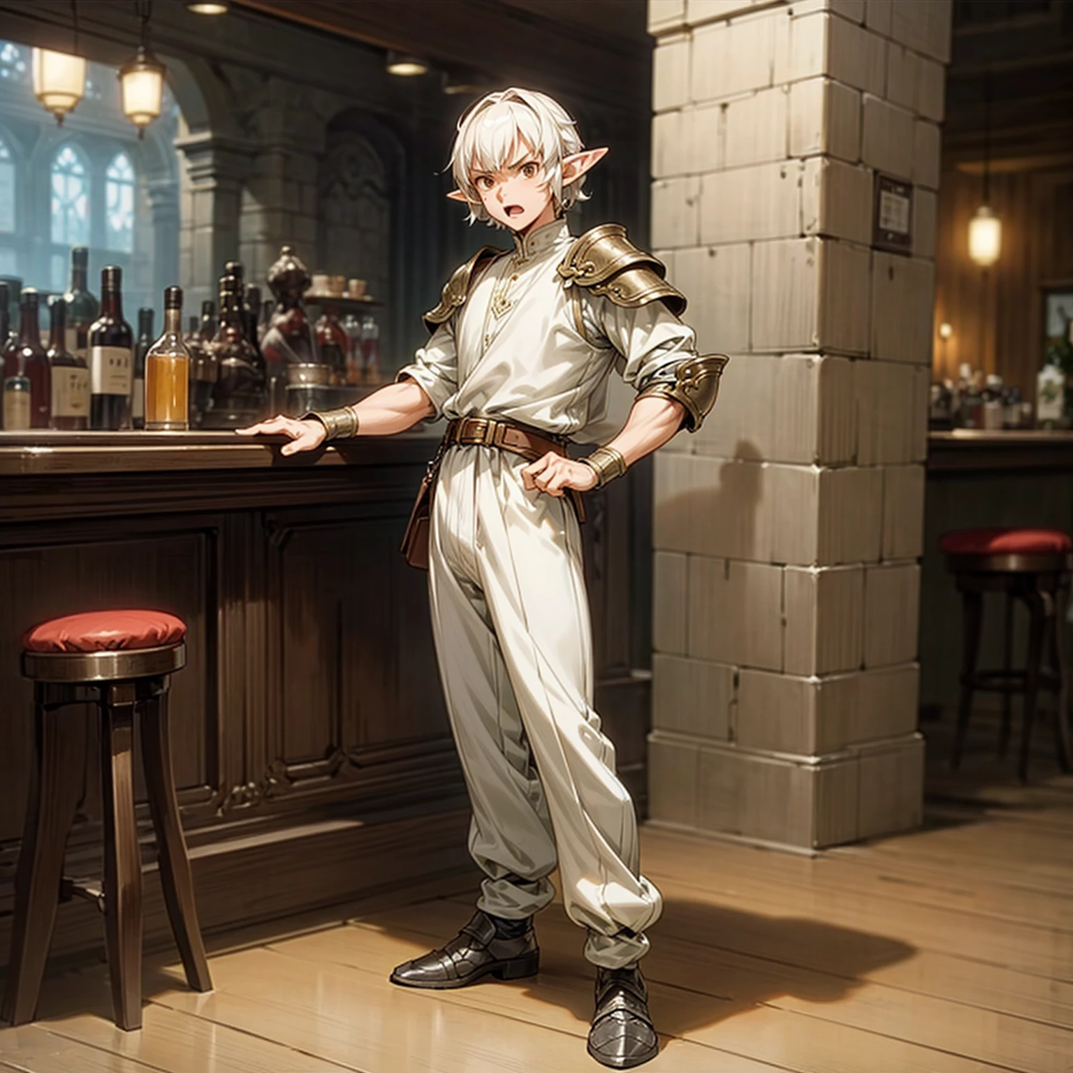 Solo character, full body version, middle aged man, muscle, (elf), brown eyes, white color hair, short Curly hair, white shirt, black long pants, shoes, belt, indoor, bar, town, medieval, standing gesture, detailed background, detailed clothing, detailed hair, (Makoto shinkai style art), open mouth, angry, armor