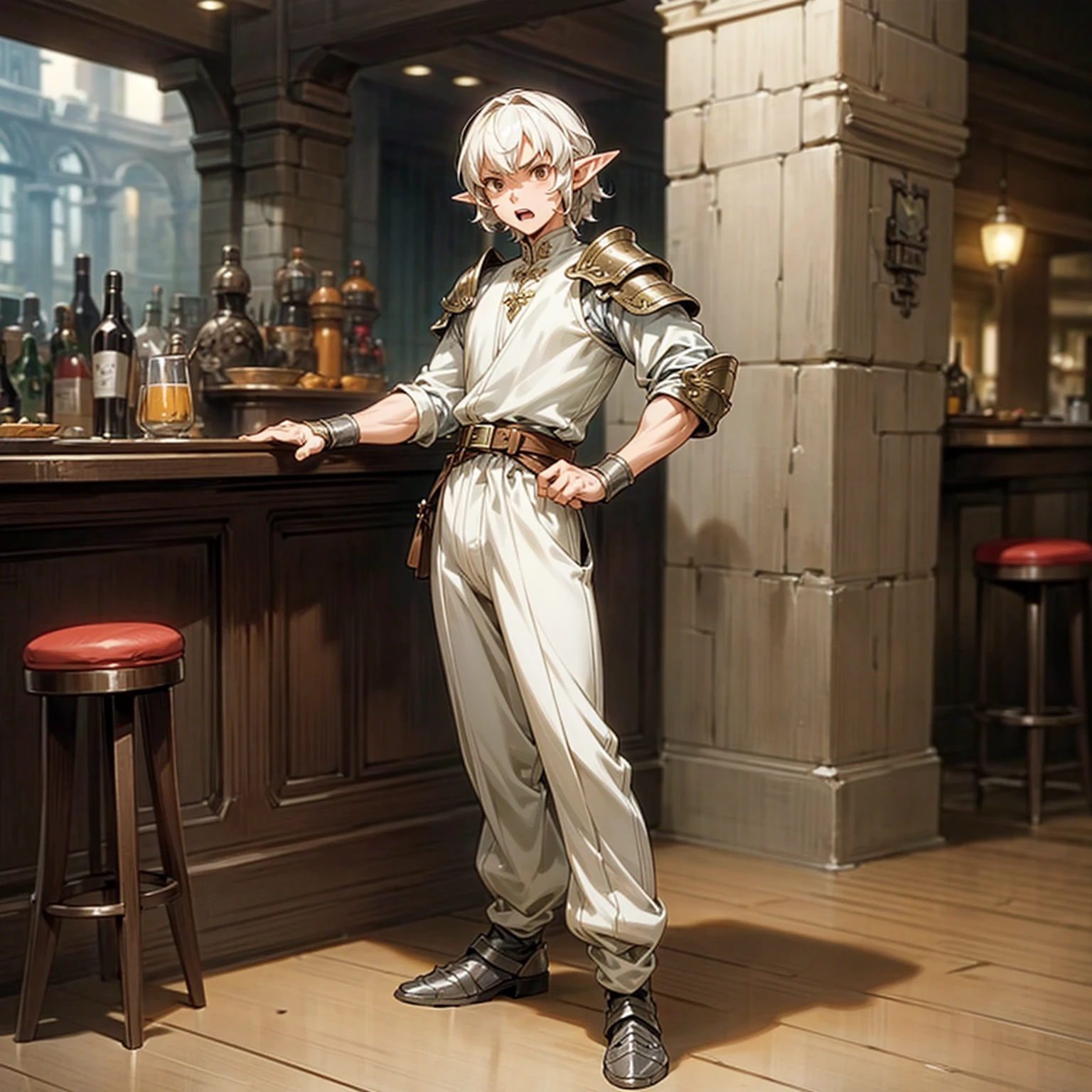 Solo character, full body version, middle aged man, muscle, (elf), brown eyes, white color hair, short Curly hair, white shirt, black long pants, shoes, belt, indoor, bar, town, medieval, standing gesture, detailed background, detailed clothing, detailed hair, (Makoto shinkai style art), open mouth, angry, armor