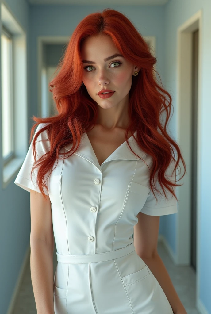 The most beautiful red haired, vibrant, dark red hair, girl, big breasts, dressed as a sexy nurse, hyperrealistic, hyperrealistic