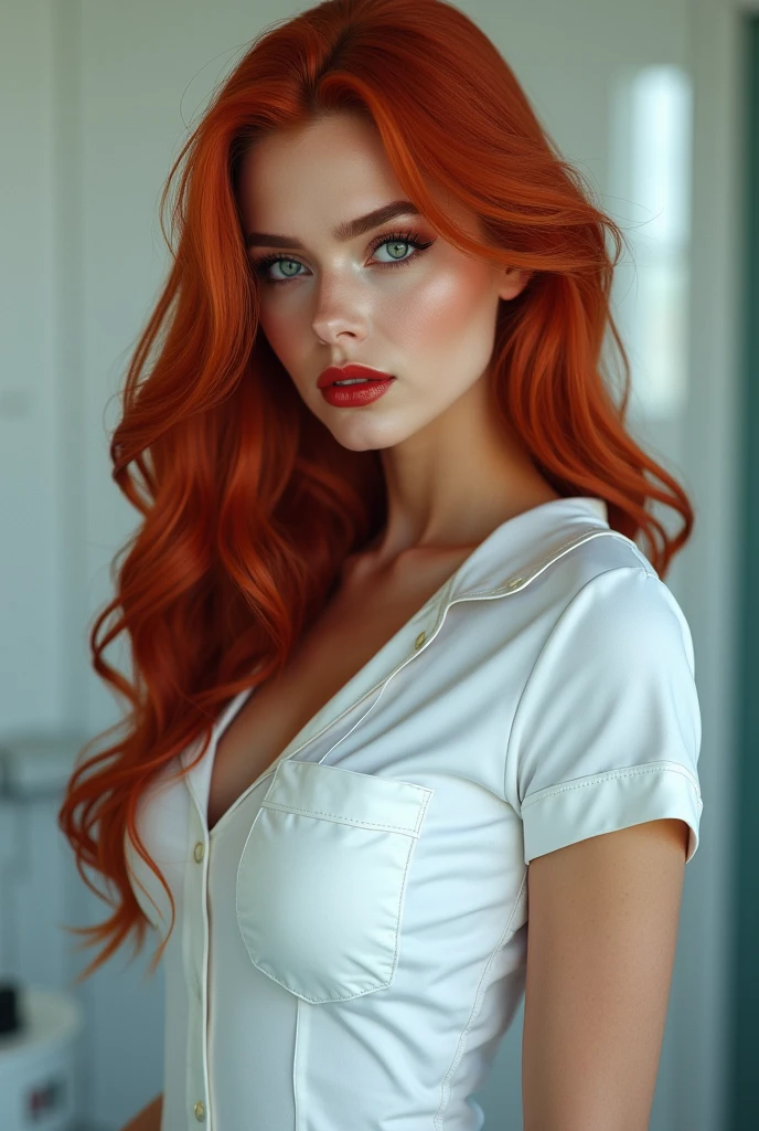 The most beautiful red haired, vibrant, dark red hair, girl, big breasts, dressed as a sexy nurse, hyperrealistic, hyperrealistic 