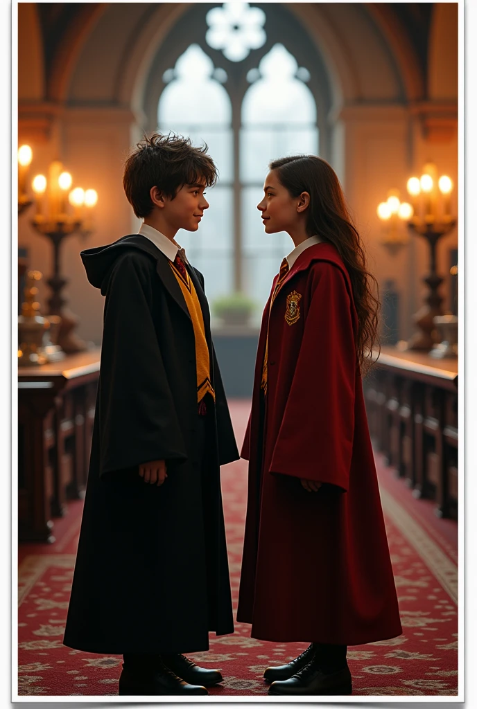 Create a sticker with white borders from a scene from the Harry Potter movie where 2 characters, young boy and older girl, both in Gryffindor uniforms appear in the common room, with large tables and candlesticks. in high resolution with a blurred background, cinema image and hyperrealism.
