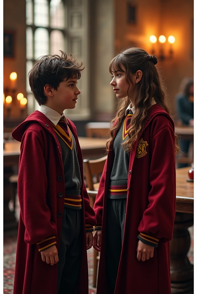 Create a sticker with white borders from a scene from the Harry Potter movie where 2 characters, young boy and older girl, both in Gryffindor uniforms appear in the common room, with large tables and candlesticks. in high resolution with a blurred background, cinema image and hyperrealism.