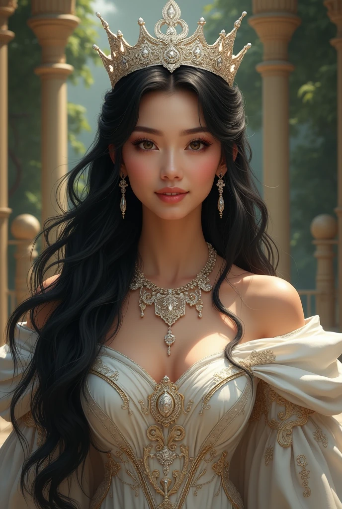 Queen with white crown long black hair big breath smiling