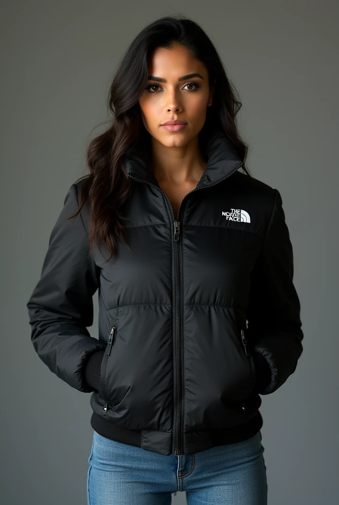 beautiful latin woman,  standing straight facing forward,with a black closed North Face cold weather jacket, denim jeans pants, on a greyish background. Medium camera shot.