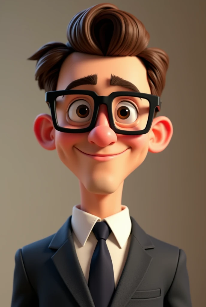 ((Best Quality)), disney pixar character, (detailed), face with half smile, man, Brown hair, black eyes, Black square glasses, dressed in suit
