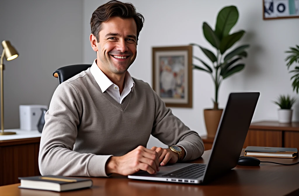 An American man working on his laptop computer in the office early in the morning，Smiling at the camera