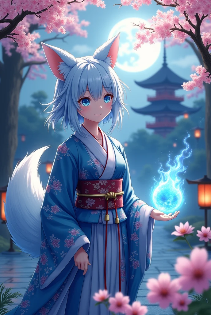 fox Light blue hair beast girl indigo fur fox beast girl fox Light blue hair beast girl indigo fur fox beast girl Wallpaper 4k,8k,highly detailled,,vivid colors,detailed kitsune with 9 tails,traditional Japanese artwork,tatami floor,beautiful cherry blossoms,floating lanterns,dark silhouette of a pagoda,subtle moonlight,dense forest,ethereal atmosphere,dappled sunlight,whimsical spirit,serene expression,elaborate kimono and obi,delicate hand-painted details,luminous eyes Anime Style fox blue White-faced golden-haired nine-tailed fox Coat blue mysterious background Blue Flame girl have a ball of light Anime Style fox blue White-faced golden-haired nine-tailed fox Coat blue mysterious background Blue Flame girl have a ball of light
