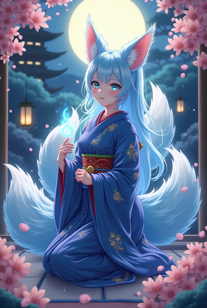 fox Light blue hair 　beast girl　indigo fur　fox beast girl　fox Light blue hair 　beast girl　indigo fur　fox beast girl　Wallpaper 4k,8k,highly detailled,,vivid colors,detailed kitsune with 9 tails,traditional Japanese artwork,tatami floor,beautiful cherry blossoms,floating lanterns,dark silhouette of a pagoda,subtle moonlight,dense forest,ethereal atmosphere,dappled sunlight,whimsical spirit,serene expression,elaborate kimono and obi,delicate hand-painted details,luminous eyes　Anime Style　fox　blue　White-faced golden-haired nine-tailed fox　Coat blue　　　mysterious background　Blue Flame　girl　have a ball of light Anime Style　fox　blue　White-faced golden-haired nine-tailed fox　Coat blue　　　mysterious background　Blue Flame　girl　have a ball of light