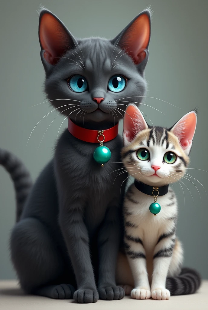 Adult male cat of dark gray color with blue eyes and a red collar with a green bell pendant. Along with a smaller white and gray cat with one blue eye and one green eye and a black collar.