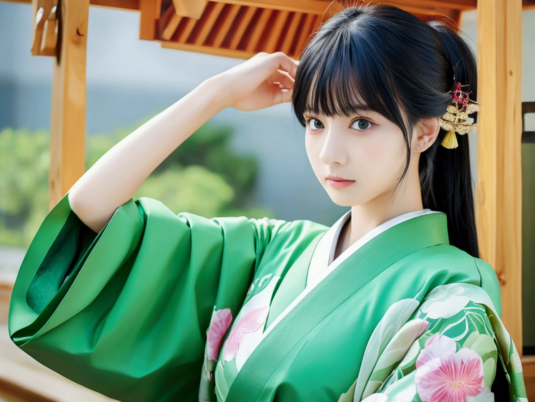 green base, Cute angry face, Pun Pun, 最high quality、high quality、Best image quality、8k、最High resolution、High resolution、temple, Realistic photos, Healthy body, Beautiful Eyes, Flowing black hair, Colorful kimono, Calm expression, Soft lighting, Traditional Japanese art style, Vibrant colors, Peaceful atmosphere, Delicate features, Graceful posture, Beautiful Landscape