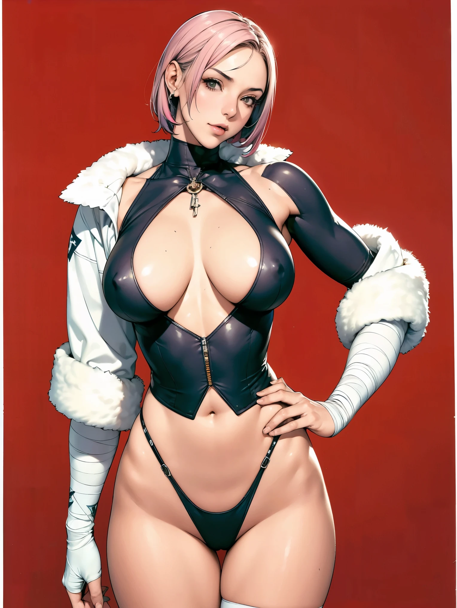 (((Annie Lennox))), (((colorful suit))), (scars), (((bandaged arms))), (((colorful clothes))) (( hood)), (((best quality: 1.4))), (Unbeatable masterpiece), (hyper HD),(CG 8k hyper-realistic), beautiful face, (((breasts big))), (((hyper feminine))), sexly girl, ((round face)), black tattoo,(ultra short red hair with white highlights)), ((( sculptural body ))), (((1 Kizi))), Kizi tatuada de 25 anos com perfect body, perfect hands, perfect fingers ,Beautiful and well-groomed face, (round face), muscular body:1.2,solid color detailed jacket, (Head to thigh photos), Complex equipment, ,Tight clothes,With white stars and off-white stripes,,,,,Armor Metal Electronic Parts, Poison tattoos ) INFO, Kizi, (((standing alone))), , 24歳, sexy, pose de attitude, work of art, dancing, ((slight smile)), post-apocalypse, (((manga style))), bounty hunter, the way you want, perfect body, roupa moderna, advanced technology, white, yellow accent, black, red accent, fur collar jacket, sleeves with vertical striped pattern, background city, (( cowboy shot )). intricate visual, narrow waist, (((wide hips))), wide hips, fit thighs, (((thigh gap))), Thigh gap, background shows a futuristic airplane, open expression, expression happy