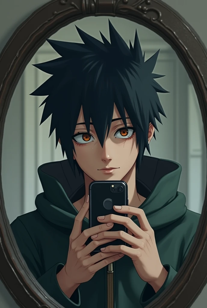 Personage Shisui of Naruto, taking a picture holding the phone in a mirror with an anime head but a somewhat human body