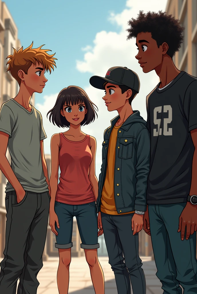 An image with 4 people, a young thin man, with wavy hair and just above shoulder length, wearing baggy pants. a short young woman, dark haired and bangs, a young man not so strong but well defined wearing a black cap. and a tall black boy, with medium curly hair and wearing grunge clothes