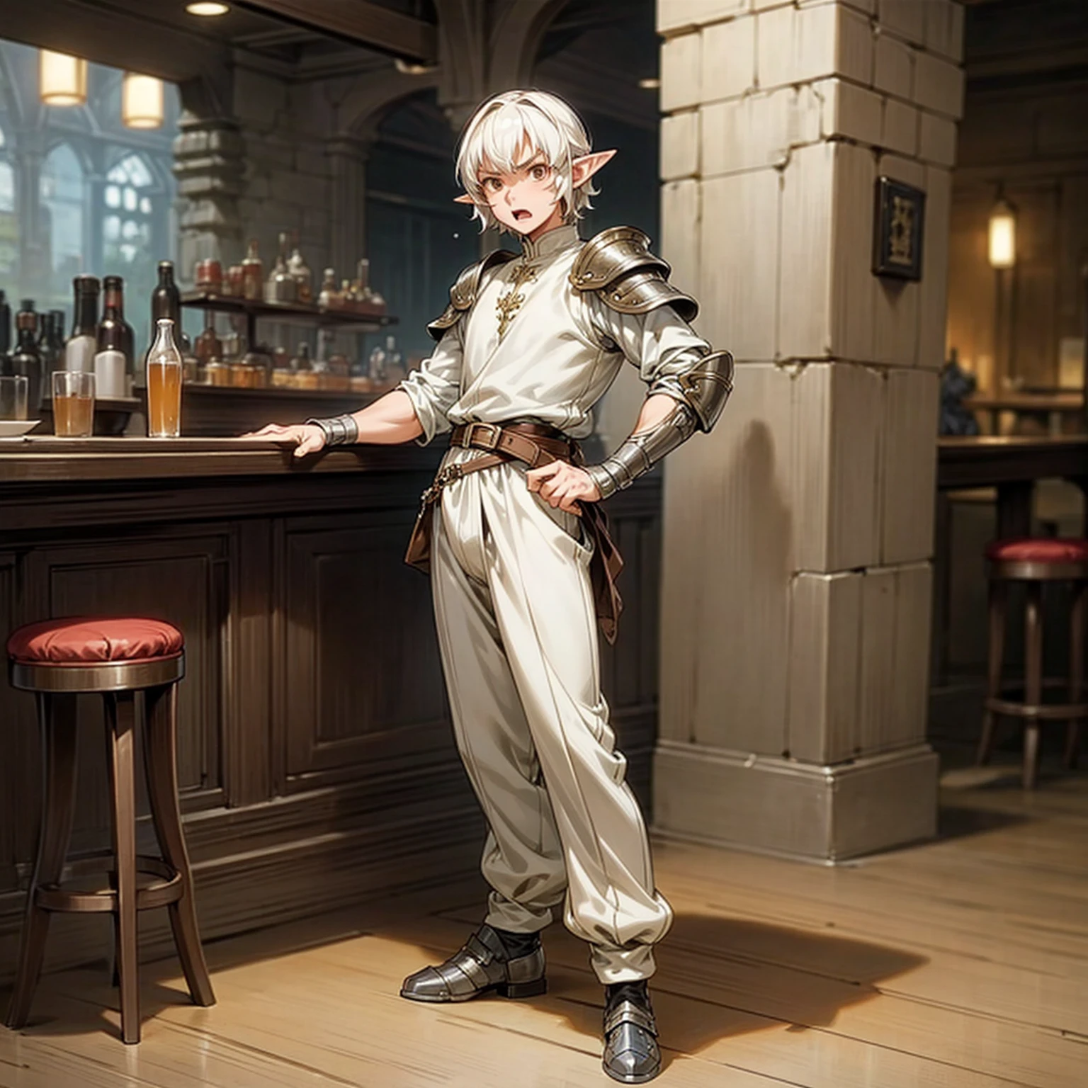 Solo character, full body version, middle aged man, muscle, (elf), brown eyes, white color hair, short Curly hair, white shirt, black long pants, shoes, belt, indoor, bar, town, medieval, standing gesture, detailed background, detailed clothing, detailed hair, (Makoto shinkai style art), open mouth, angry, armor