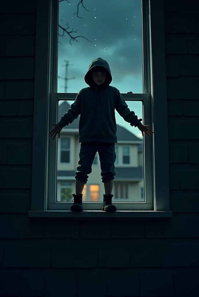 One young thif enter in house standing on window