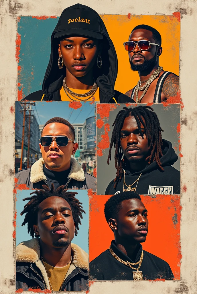 Create an image with covers of some of Kendrick Lamar&#39;s albums, 21 savage, metro boomin, Tyler’s creator, Travis Scott, Kanye west, xtentacion without the women and with real collage-type album covers