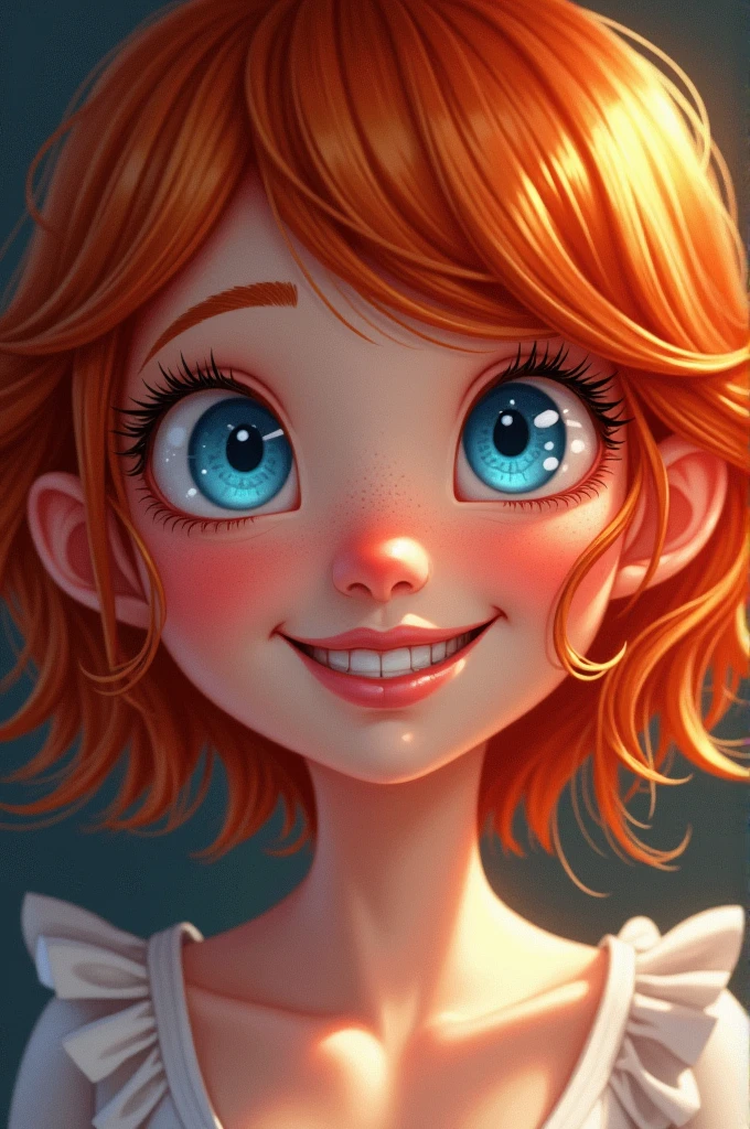 Red-haired blue-eyed woman with a silly smile