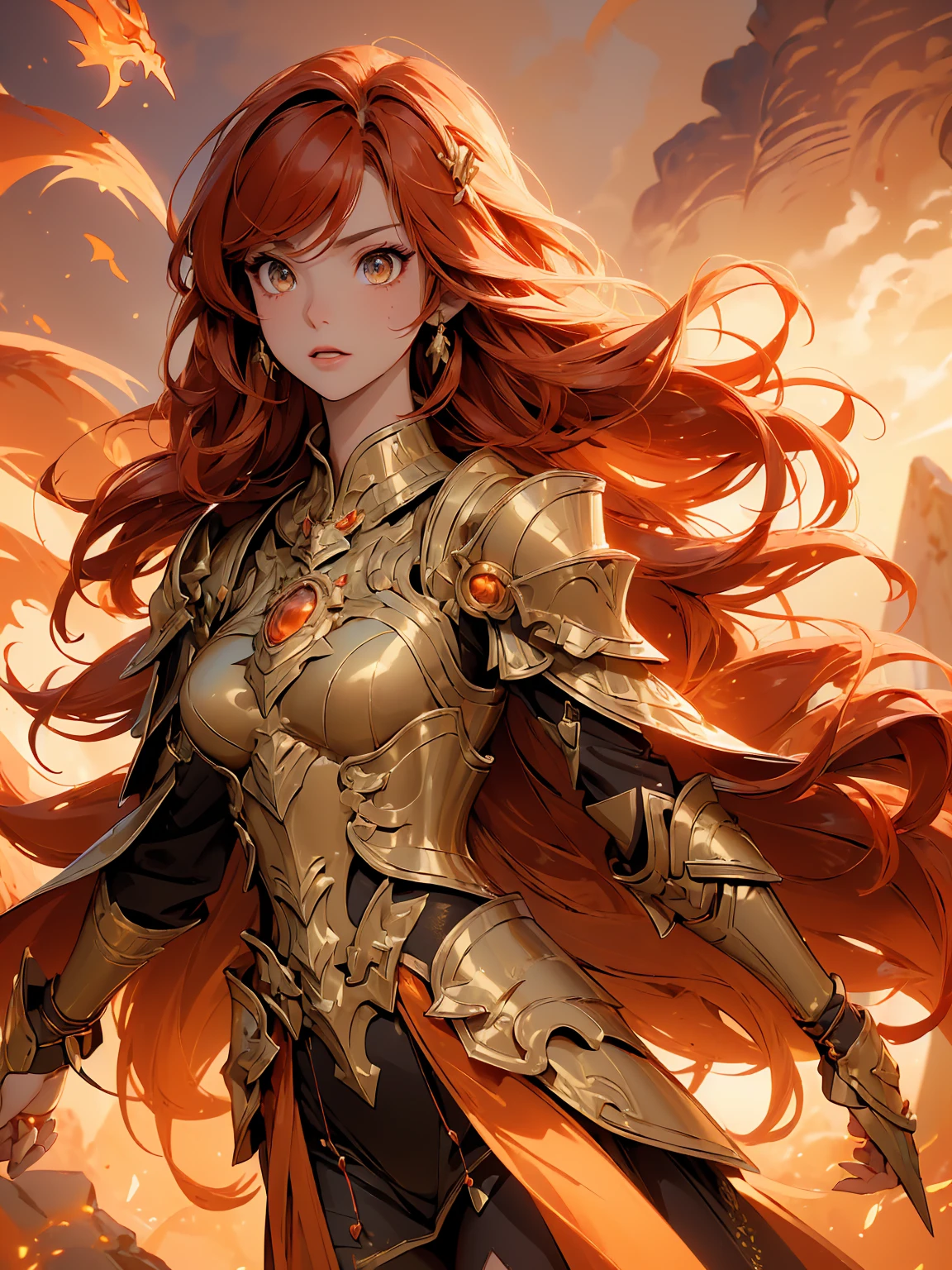(((masterpiece, best quality, 8k))), fierce female leader, (full-body), golden dragon ceremonial armor, radiant glow, long flowing crimson hair, strands caught in the wind, fiery orange eyes, a look of absolute authority, leading an army through a volcanic wasteland, lava flows around her, dragons soaring through ash-filled skies, (intense lighting, dramatic backlight)