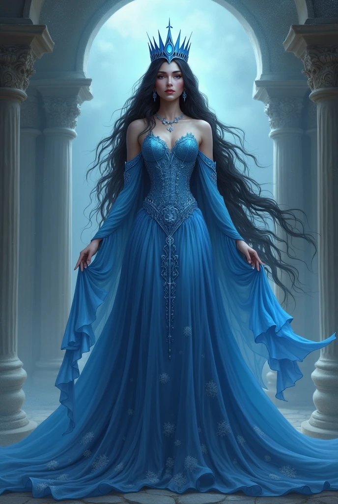 Queen with blue crown long black hair big breath smiling