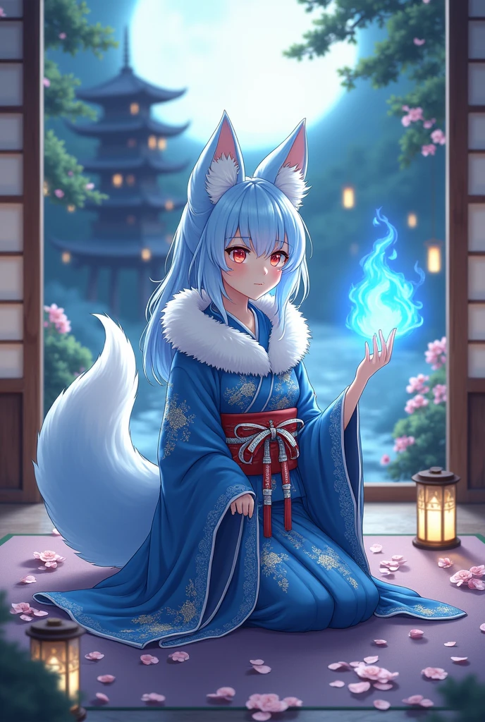 fox Light blue hair beast girl indigo fur fox beast girl fox Light blue hair beast girl indigo fur fox beast girl Wallpaper 4k,8k,highly detailled,,vivid colors,detailed kitsune with 9 tails,traditional Japanese artwork,tatami floor,beautiful cherry blossoms,floating lanterns,dark silhouette of a pagoda,subtle moonlight,dense forest,ethereal atmosphere,dappled sunlight,whimsical spirit,serene expression,elaborate kimono and obi,delicate hand-painted details,luminous eyes Anime Style fox blue White-faced golden-haired nine-tailed fox Coat blue mysterious background Blue Flame girl have a ball of light Anime Style fox blue White-faced golden-haired nine-tailed fox Coat blue mysterious background Blue Flame girl have a ball of light