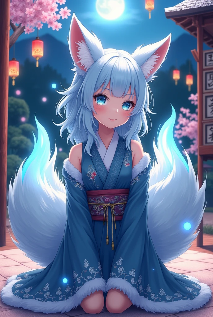 fox Light blue hair 　beast girl　indigo fur　fox beast girl　fox Light blue hair 　beast girl　indigo fur　fox beast girl　Wallpaper 4k,8k,highly detailled,,vivid colors,detailed kitsune with 9 tails,traditional Japanese artwork,tatami floor,beautiful cherry blossoms,floating lanterns,dark silhouette of a pagoda,subtle moonlight,dense forest,ethereal atmosphere,dappled sunlight,whimsical spirit,serene expression,elaborate kimono and obi,delicate hand-painted details,luminous eyes　Anime Style　fox　blue　White-faced golden-haired nine-tailed fox　Coat blue　　　mysterious background　Blue Flame　girl　have a ball of light Anime Style　fox　blue　White-faced golden-haired nine-tailed fox　Coat blue　　　mysterious background　Blue Flame　girl　have a ball of light