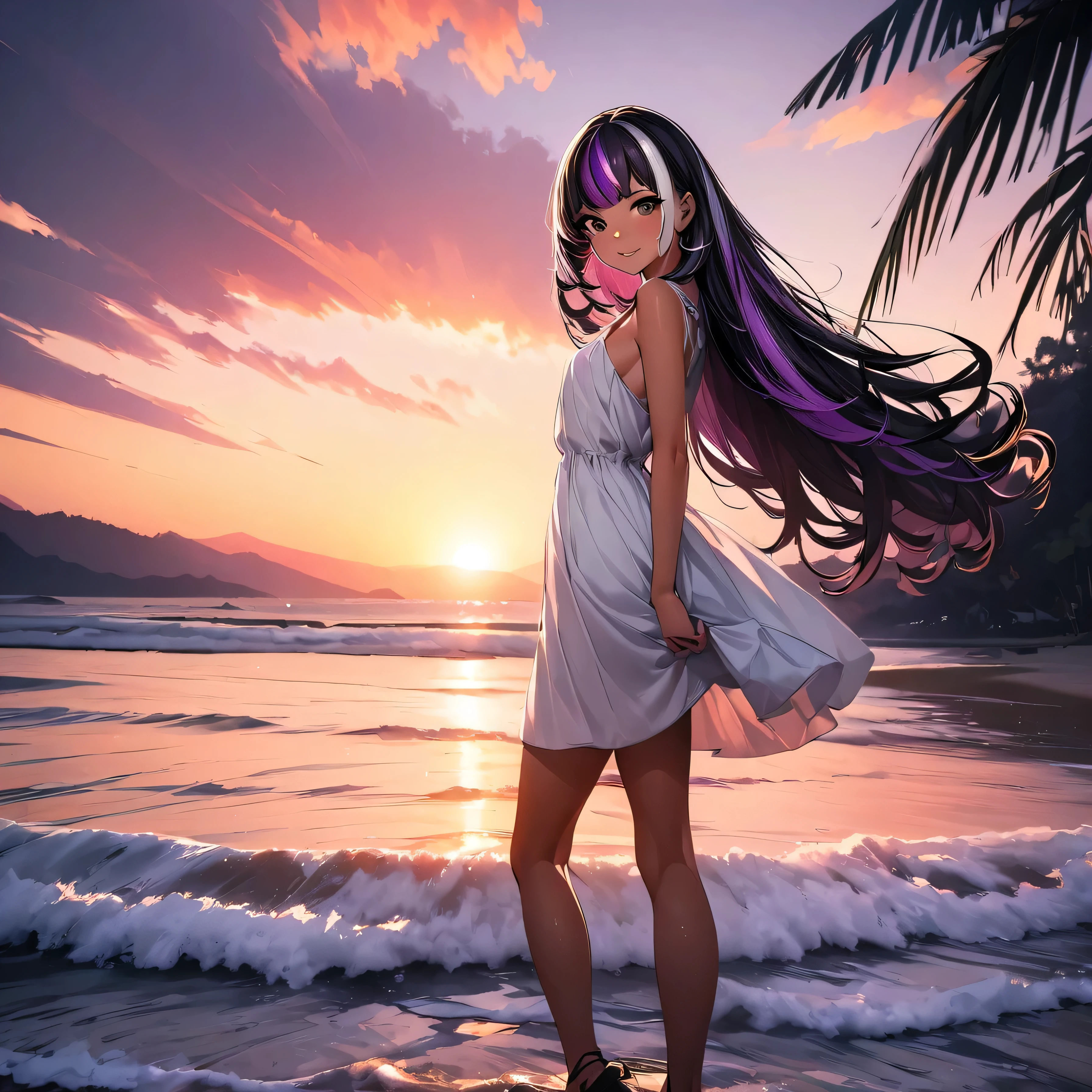 (highest quality:1.2, Very detailed, up to date, Vibrant, Ultra-high resolution, High Contrast, masterpiece:1.2, highest quality, Best aesthetics), super wide angle, Portraiture、girl、surfer, solo, (25-years-old:1), Bright colors、Beautiful fine details、Beautiful lip detail, long hair、black and purple ((streaked hair:1.6)), highlights hair: 1.5, brown eyes, ((slim body:1.4)), (small breast:0.7), (dark skin:0.5), summer dress, loose fit, standing tropical beach:1, parm trees, from behind:2, looking beautiful sunset, Backlit:1,  (full body:1.5),
